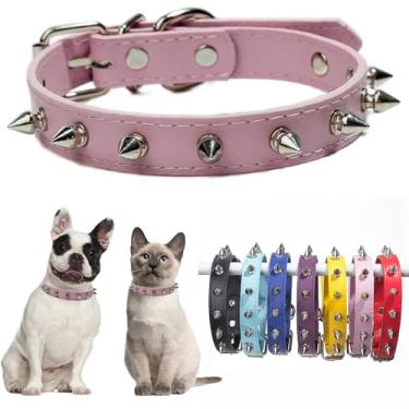Imagem de Coleira de cachorro rosa XS spiked para cães, cogumelos, rebite, coleira para gatos, fêmeas, couro sintético macio, cravejado, para filhotes, ajustável, para PP, P, M, para animais de estimação
