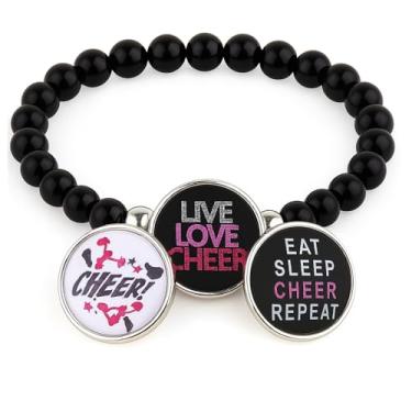 Imagem de Sportybella Pulseira Live Love Cheer | Pulseira com contas pretas para líderes de torcida | Eat Sleep Cheer Repeat | Melhor presente de joia para líderes de torcida e equipe, 8 inches, Zinco
