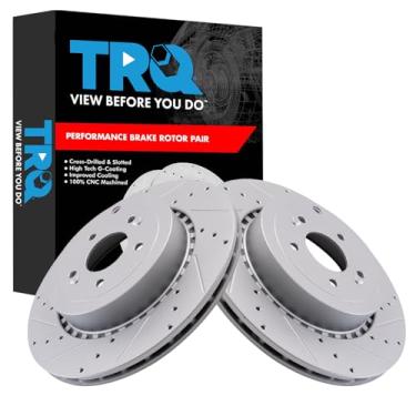 Imagem de TRQ Conjunto de rotores de freio traseiro de desempenho premium G-Coated Slotted X Drilled Compatível com 2019-2022 Genesis G70 2018-2022 Kia Stinger