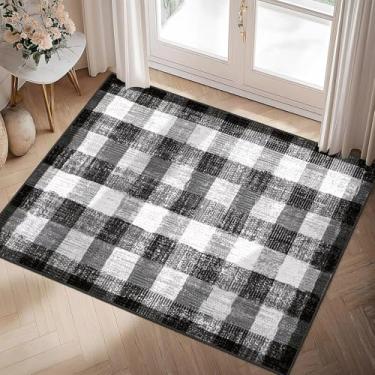 Imagem de COLORPAPA Tapete quadriculado 5 x 7 cm, tapetes laváveis para sala de estar, tapete moderno neutro antiderrapante para quarto, escritório, pátio, sala de jantar (preto e branco)