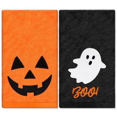 Imagem de JarThenaAMCS Toalhas de mão de Halloween Boo Ghost Pumpkin Face Bordado Algodão Toalha de Banho Toalha de Banho Absorvente para Secagem à Mão Limpeza Cozinhar, 29,5 x 13,7 polegadas, 2 peças