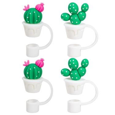 Imagem de Vouchmind 4 peças de tampas de canudo de silicone de cacto, protetores de palha reutilizáveis, capas fofas de palha, protetores de ponta para canudos, plugues de palha de PVC verde para canudos