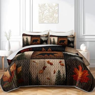 Imagem de AILONEN Conjunto de colcha de urso rústico tamanho king, colcha acolchoada ocidental com 2 fronhas, conjunto de cama xadrez de 3 peças