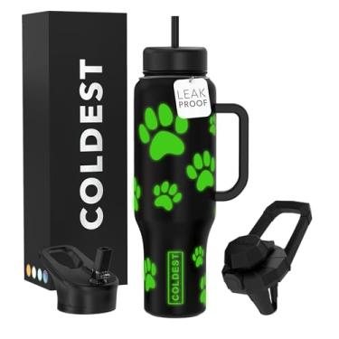 Imagem de Copo Coldest de 1,134 g com alça e canudo - Copo isolado 100% à prova de vazamento com tampa e canudo (3 tampas) - Copos de aço inoxidável para mulheres e homens - Base amigável com suporte de copo