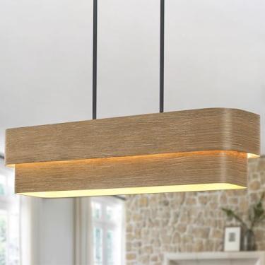 Imagem de NZZDYI 37,5 polegadas Farmhouse Kitchen Island Lighting 4 luzes retangular para sala de jantar lustre linear grande com acabamento em grão de madeira para sala de jantar, cozinha, bar, mesa de sinuca