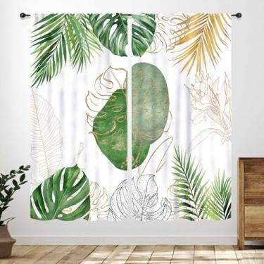 Imagem de Cortinas de quarto de plantas tropicais, boêmias modernas, folhas douradas, palmeira tropical, meados do século, minimalista, tratamento de janela para sala de estar, cozinha, banheiro, 2 painéis, 106