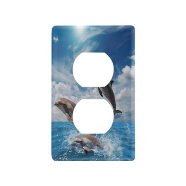 Imagem de KJIZMO Tampa de placa de parede com tomadas duplas, capa de plugue elétrico golfinhos inquebráveis, capa decorativa tamanho padrão 2 gangues 11,5 cm x 7 cm parafusos incluídos - 1 pacote