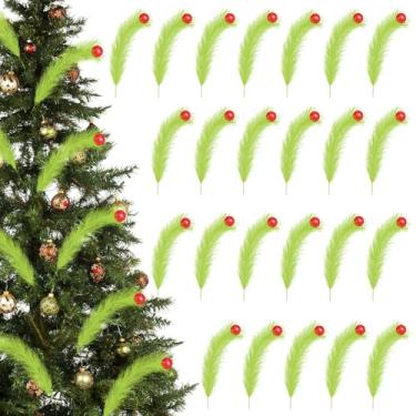 Imagem de 24 peças de topo de árvore de Natal, palitos de árvore encaracolados verde-limão, 43 cm, com bola vermelha, hastes verdes artificiais de Natal, para decoração de guirlanda de casa no inverno