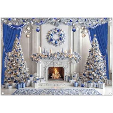 Imagem de YCUCUEI 2,1 x 1,5 m Tecido Azul Natal Lareira Pano de Fundo de Natal Pinheiro Vela Presente Bolas Decorativas Fundo de Fotografia Decoração de Festas de Férias Foto Banner Adereços