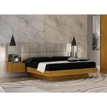 Imagem de Cama Casal Braga Estofada Com Espelho 2 Mesas de Cabeceiras