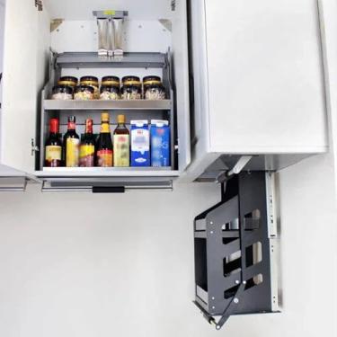 Imagem de Organizador de armário removível de 2 níveis com cabo de espuma antiderrapante, prateleira suspensa, prato dobrável cego e sistema de prateleira para especiarias, armazenamento de despensa montado