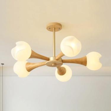 Imagem de KSSTEVNBD Luminária de teto de montagem semi-embutida de madeira, lustre Sputnik moderno, luminária de cozinha de madeira maciça nórdica, montagem de teto, 3 luzes/5 luzes de teto para quarto/5