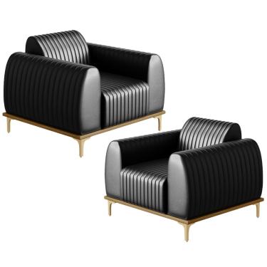 Imagem de Kit 02 Poltronas Decorativas Base De Madeira e Pés D'Ouro Molino D02 Corano Preto B-159 - Lyam Decor