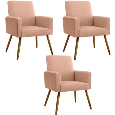 Imagem de Kit 03 Poltronas Decorativa Maria W01 Pés Palito Linho Rosê Couríssimo Camel - Lyam Decor