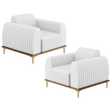 Imagem de Kit 02 Poltronas Decorativas Base De Madeira e Pés D'Ouro Molino D02 Corano Branco C-12 - Lyam Decor