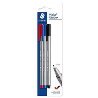Imagem de STAEDTLER Triplus Fineliner 334-S BK3 – Kit com 3 Canetas Ponta Fina 0.3mm (Preta, Azul, Vermelha), Escrita Confortável, Tinta Durável e Design Ergonômico