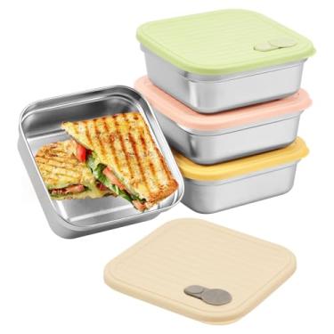 Imagem de UKQRRTC 4 recipientes para sanduíche, lancheira bento de aço inoxidável de 595 g, tampa de vedação de silicone com ventilação, base de metal de grau alimentício, à prova de vazamento, lavável na