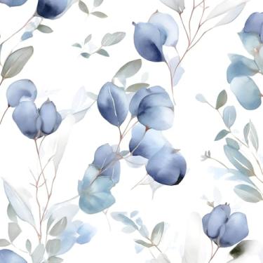 Imagem de Papel de parede floral azul branco aquarela folha costeira papel de contato simples mural de parede para banheiro quarto vinil impermeável autoadesivo removível locatário dormitório papel de parede