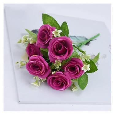 Imagem de 6 cabeças flores artificiais rosas buquê de noiva perfumado rosa peônia decoração de casamento decoração de casa jardim flor de seda falsa (roxo, 31 cm)