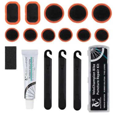 Imagem de VeloChampion Kit de remendo de tubo interno de bicicleta - 11 peças de adesivos vulcanizadores com 3 alavancas de pneu, caixa de armazenamento portátil e lixa. Kit de reparo de pneu plano para