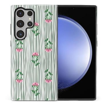 Imagem de Capa compatível com Samsung Galaxy S24 Ultra, capa rígida de policarbonato híbrida de 2 camadas + capa protetora de silicone, listra verde e flor rosa resistente a arranhões à prova de choque para