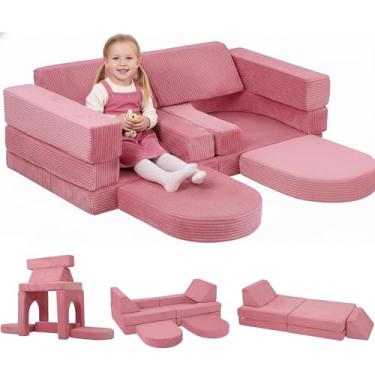 Imagem de MeMoreCool Sofá modular infantil de 10 peças — Conjunto de sofá de espuma conversível de veludo cotelê para construir fortes, relaxar e brincar criativamente, capas laváveis, móveis de quarto de