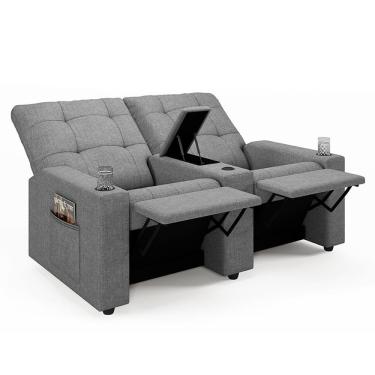 Imagem de Poltrona Do Papai Reclinável Cinema 2 Lugares Manual Baú Usb Haifa F05 Linho Cinza - Lyam Decor