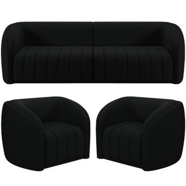 Imagem de Kit Sofá 5 Lugares Para Sala 332cm Com 02 Poltronas Lazio M03 Veludo Preto - Lyam Decor