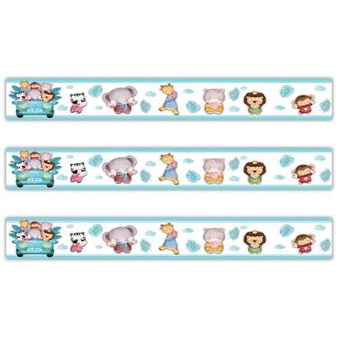 Imagem de Kit 3 Faixas Decorativas Papel Parede Infantil Animais Carro Titulo Azul