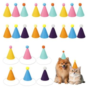 Imagem de NBEADS 24 peças de chapéus de feltro para animais de estimação, chapéus de aniversário pequenos de cone colorido com pompom mini chapéu de animal de festa para gatos, cães, figuras de animais