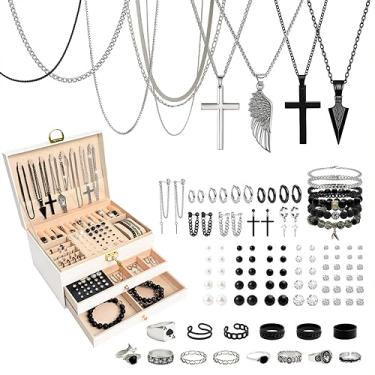 Imagem de SMUOBT Conjunto de joias para mulheres e homens com caixa de joias, colar, pulseira, brincos de argola, brincos de pino, anéis para mulheres e homens, conjunto exclusivo de presente de festa de