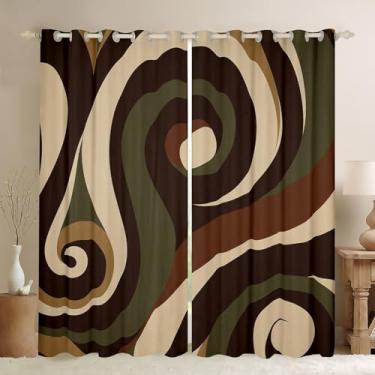 Imagem de Cortina de janela com listras marrom verde bege, geométrico, abstrato, redemoinho, para decoração de quarto de crianças, adolescentes e adultos, cortina de tratamento de janela vintage rústica