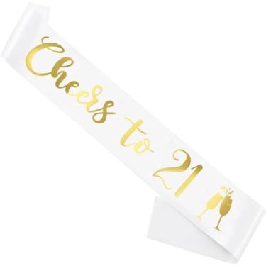 Imagem de Faixa de aniversário branca, "Cheers To 53.3 cm, faixa de aniversário para meninas, mulheres e homens, com letras douradas para lembrancinhas engraçadas de festa, ouro branco 21