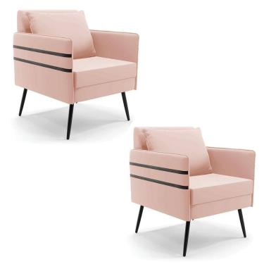 Imagem de Kit 02 Poltronas Mari Veludo Rosê Pés Palito De Ferro Preto