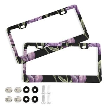 Imagem de SEHANY Molduras de placa de licença de flores florais coloridas, capas de moldura de placa de carro de alumínio à prova de ferrugem com orifícios elípticos e parafusos serve para veículos padrão dos