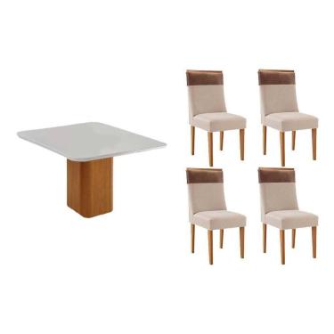 Imagem de Sala Jantar Mesa Maldivas Tampo c/ Vidro Curvo 90cm+4 Cadeiras Jaspe Madeira Naturale/Off White - Capuccino/Suede Creme - Rufato