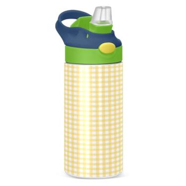 Imagem de JUZIHAI Garrafas de água infantis Yellow Gingham Garrafa de aço inoxidável isolada a vácuo de 350 ml com tampa de palha, copo de viagem à prova de vazamento