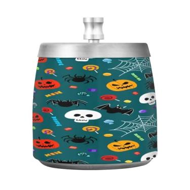 Imagem de Qilmy Cinzeiro assustador de aço inoxidável Jack-o-lanterns com tampa - Cinzeiro de cigarro à prova de vento sem cheiro sem fumaça para casa, escritório, carro, pátio, varanda (uso interno e externo)