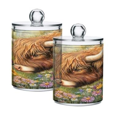 Imagem de Qilmy Qtip Suporte de boticário de 400 ml, frasco de plástico transparente de vaca Highland com tampa, dispensador de recipiente de banheiro para bola de algodão, cotonete, fio dental, pacote com 2