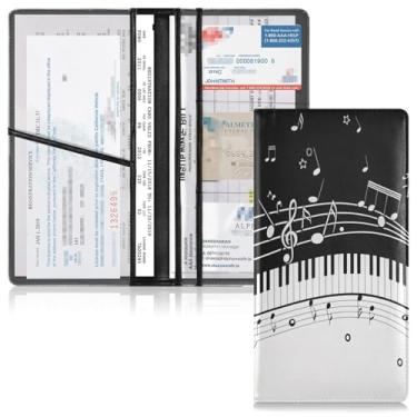 Imagem de Qilmy Music Note Suporte para registro e seguro de carro de couro PU para documentos de veículos, porta-luvas com compartimentos de cartão de PVC transparente para cartões de identificação de