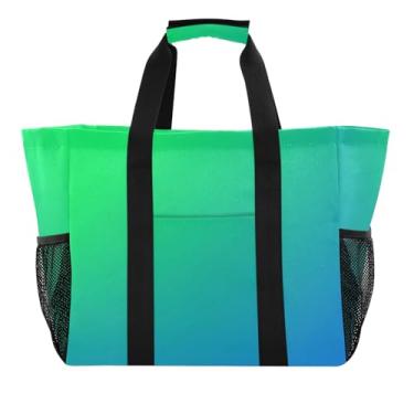 Imagem de ODAWA Bolsa de praia dobrável reutilizável à prova d'água à prova de areia para mulheres - Sacos de supermercado grandes com bolsos, gradientes verdes azuis
