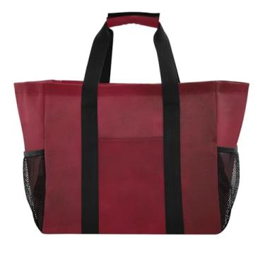 Imagem de ODAWA Bolsa de praia aberta dobrável Smudge Borgonha vermelha lavável - Sacolas de compras de lona dobráveis com bolsos com zíper