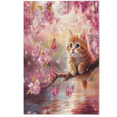 Imagem de Quebra-cabeça de flor de cerejeira rosa de gato fofo 1000 peças para adultos com estampa de animais arte Prime Family Puzzles engraçados presentes tecnológicos, 1000 peças, 75 x 50 cm