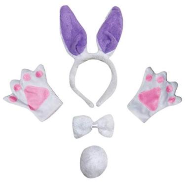 Imagem de Petitebella Luvas de cabeça de coelho com laço e cauda 4 peças fantasia 1-10 anos (branco/roxo, 5-10 anos)