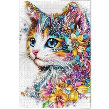 Imagem de Quebra-cabeça floral de 1000 peças com estampa de gato colorido personalizado para adultos arte animal arte prima arte quebra-cabeça engraçado presentes, 75 cm x 50 cm