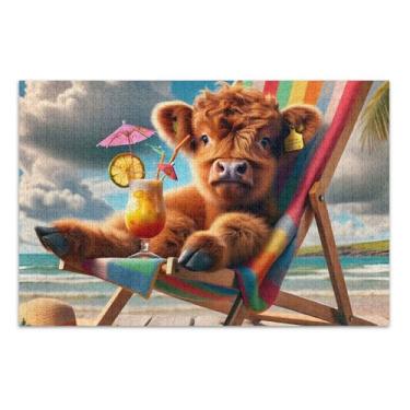 Imagem de Quebra-cabeça para adultos de 1000 peças bonito vaca highland férias paisagem floral quebra-cabeça rígido família amantes presentes, 75 x 40 centímetros