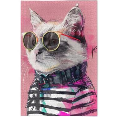 Imagem de Quebra-cabeças para adultos com pintura de gato engraçada, 1000 peças, quebra-cabeças divertidos de natureza boba, arte de decoração de casa, 75 x 50 cm