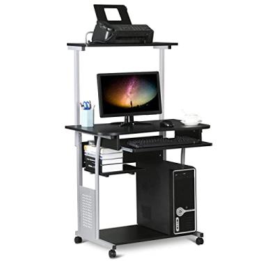 Imagem de YAHEETECH Mesa de computador de 2 níveis com prateleira de impressora e bandeja de teclado, mesa de computador com rodinhas para espaços pequenos, mesa de estudo com rodas, preta