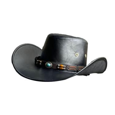 Imagem de APLVFFZH Chapéu de Cowboy, Chapéu de Cowboy Estilo Faroeste, Chapéu de Jazz, Chapéu de Fantasia em PU com Proteção Solar E Aba Larga para Aniversários, Acampam, Preto