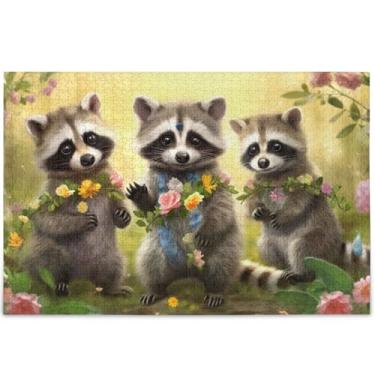 Imagem de Guaxinins de animais fofos personalizados 1000 quebra-cabeças para adultos pintura de animais arte cena de inverno quebra-cabeças jogos tecnológicos presentes, 75 x 50 cm